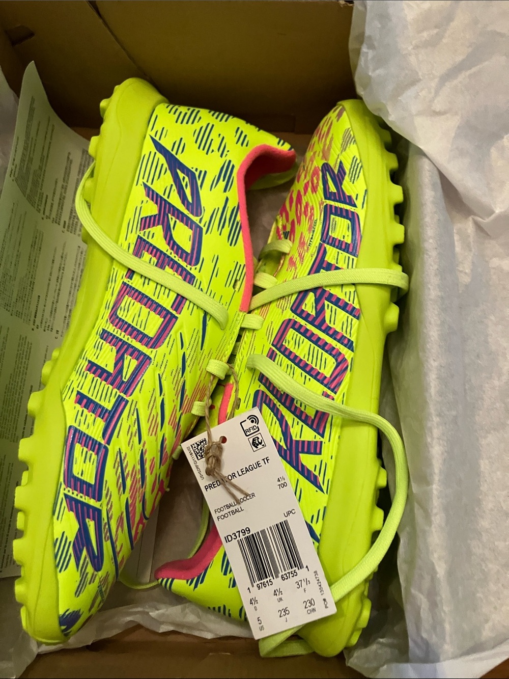 adidas Predator League TF J - Black and Neon Yellow with Blue Accents